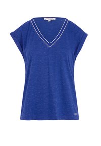 Blauwe T-shirt met korte mouwen en V-hals, met een subtiele heatherstructuur en contrasterende witte stiksels langs de halslijn.