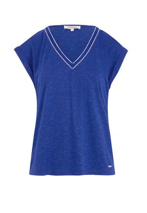 Blue short-sleeve T-shirt with a V-neck, featuring a subtle heather texture and contrasting white stitching along the neckline.
