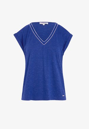 Blå kortærmet T-shirt med V-hals, der har en subtil meleret tekstur og kontrasterende hvid syning langs udskæring.