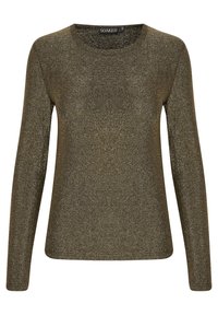 Maglietta a maniche lunghe in verde olivastro scuro con una texture metallica lucida. Presenta un collo rotondo e un design leggero e aderente.