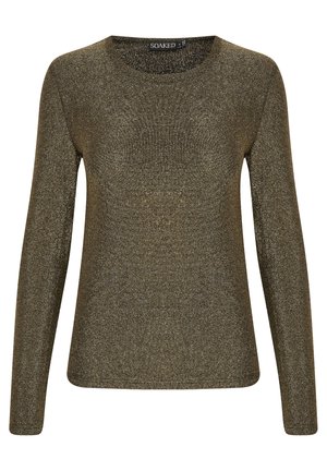 Langærmet top i mørk olivengrøn med en skinnende, metallisk tekstur. Har en rund hals og et let, tætsiddende design.