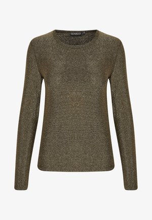 Langemouwen top in donkergroen met een glanzende, metallic textuur. Heeft een ronde hals en een lichte, aansluitende pasvorm.