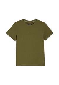 Oliwkowa bawełniana koszulka t-shirt z krótkim rękawem, okrągłym dekoltem, z wypukłym haftem z napisem "Różnorodne Dziedzictwo" na przodzie.