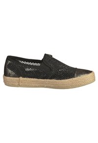 Chaussure décontractée noire à enfiler avec dessus en mesh, bout métallique et semelle en corde tissée.