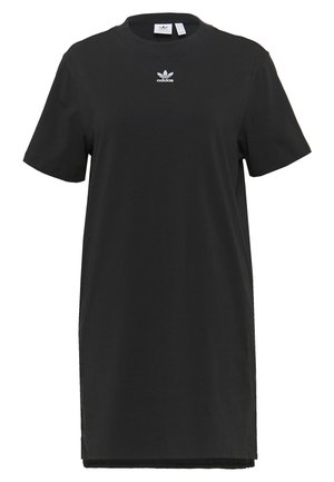 Schwarzes Adidas Kurzarm-T-Shirt-Kleid mit Rundhalsausschnitt und kleinem weißen Adidas-Trefoil-Logo auf der Brust.