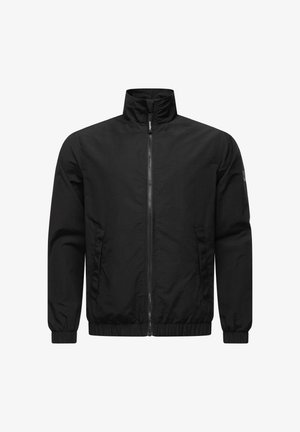 Schwarze leichte Jacke mit Stehkragen, Frontreißverschluss, elastischen Bündchen und Seitentaschen; glatte Textur und minimalistisches Design.