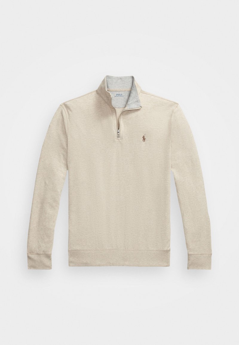 Pullover in cotone beige con colletto zip, maniche lunghe e logo ricamato sul petto. Tessuto morbido e vestibilità comoda.