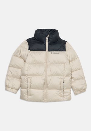 Doudoune beige et noire de la marque Columbia avec fermeture éclair intégrale sur le devant et poignets élastiques.