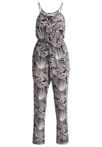 Combinaison noire et blanche avec bretelles spaghetti, présentant un motif de feuilles de palmier, une taille élastique et des jambes droites à coupe décontractée.