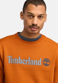 Felpa di cotone arancione con logo grigio "Timberland" e grafica ad albero, con scollo tondo e tessuto testurizzato.