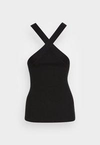 Canottiera nera a coste con design aderente, caratterizzata da spalline incrociate sul retro e una texture liscia. Nessun motivo o elemento metallico visibile.