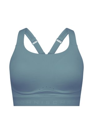 Sport-BH aus weichem, türkisfarbenem Stoff mit nahtlosem Design, verstellbaren Trägern und einem strukturierten Bund mit Markennamen.