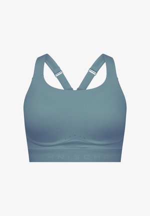 Sport-BH aus weichem, türkisfarbenem Stoff mit nahtlosem Design, verstellbaren Trägern und einem strukturierten Bund mit Markennamen.