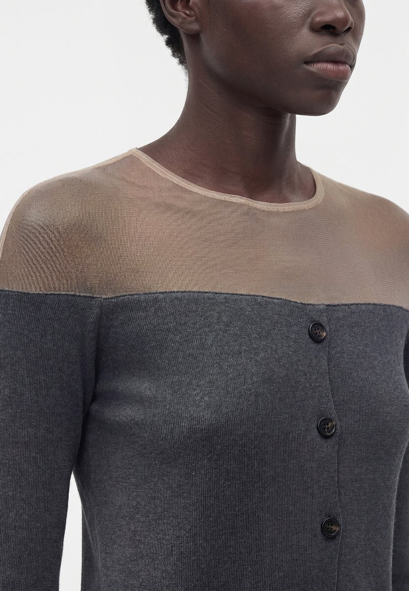 Person wearing a dark gray buttoned top with a sheer beige mesh yoke and round neckline, shown from shoulders to chin.