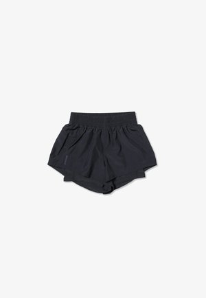 Pantalones cortos atléticos negros y ligeros con cintura elástica y bolsillos laterales, diseñados para correr o actividades deportivas.