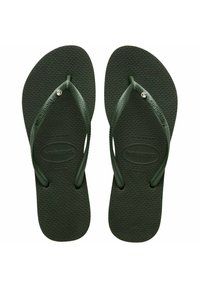 Dark green rubber flip-flops with textured soles and thin straps. Notable design includes a small diamond-like accent on the strap.
