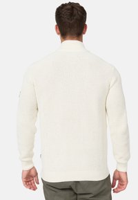 Hvid strikket sweater med høj krave, tekstureret overflade, ribbede manchetter og kant, båret med olivengrønne bukser, set fra ryggen.