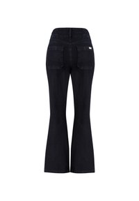 Jeans neri a zampa d'elefante con una texture liscia, vita media, due tasche posteriori e una vita con dettaglio elasticizzato.