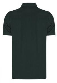 Polo shirt vert foncé, manches courtes, col plié, tissu lisse, design uni, vue de dos avec ourlet droit et sans motifs ni accents visibles.