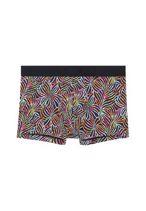 Boxer realizzati in tessuto elastico con un vivace motivo di foglie multicolori su uno sfondo nero e una cintura nera uniforme.