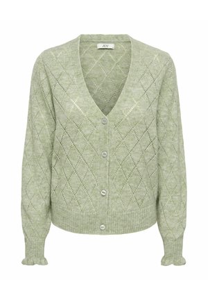 Cardigan lavorato a maglia verde chiaro con scollatura a V, motivo a diamante e cinque bottoni. Polsini a costine con bordi scallop.