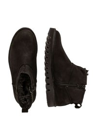 Sorte ankelstøvler lavet af blødt materiale, med en sidelukning, struktureret sål med riller og et kunstpelsfor på indersiden.