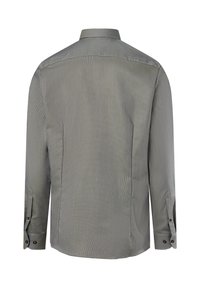 Szara koszula z długim rękawem i kołnierzykiem zapinanym na guziki. Teksturowana tkanina z delikatnym wzorem. Rękawy zapinane na guziki; zaokrąglony dół.
