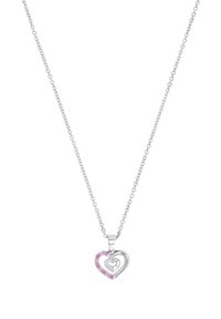 Silberne herzförmige Anhängerkette mit inneren und äußeren Herzen, die auf einer Seite von pinkfarbenen Edelsteinen umrandet ist. Die Kette ist verlinkt und glänzend.