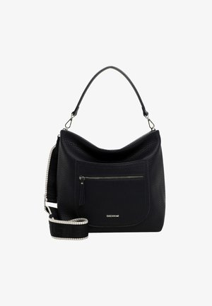 Borsa a mano nera in pelle con finitura testurizzata, tasca anteriore con zip e tracolla staccabile con design intrecciato.