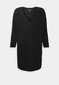 Czarny, oversize'owy sweter z dekoltem w serek, wykonany z teksturowanej dzianiny, z rękawami do łokcia i ściągaczami przy mankietach. Prosty fason o swobodnym kroju.