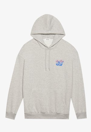 Light gray hooded sweatshirt made of soft fabric. Features a front pocket and embroidered design in pink and blue on the chest.