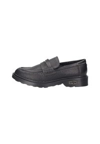 Czarne buty wsuwane z perforowaną cholewką, płaską gumową podeszwą i podwójnymi paskami. Gładka faktura i zoptymalizowany design. Odpowiednie do codziennego noszenia.