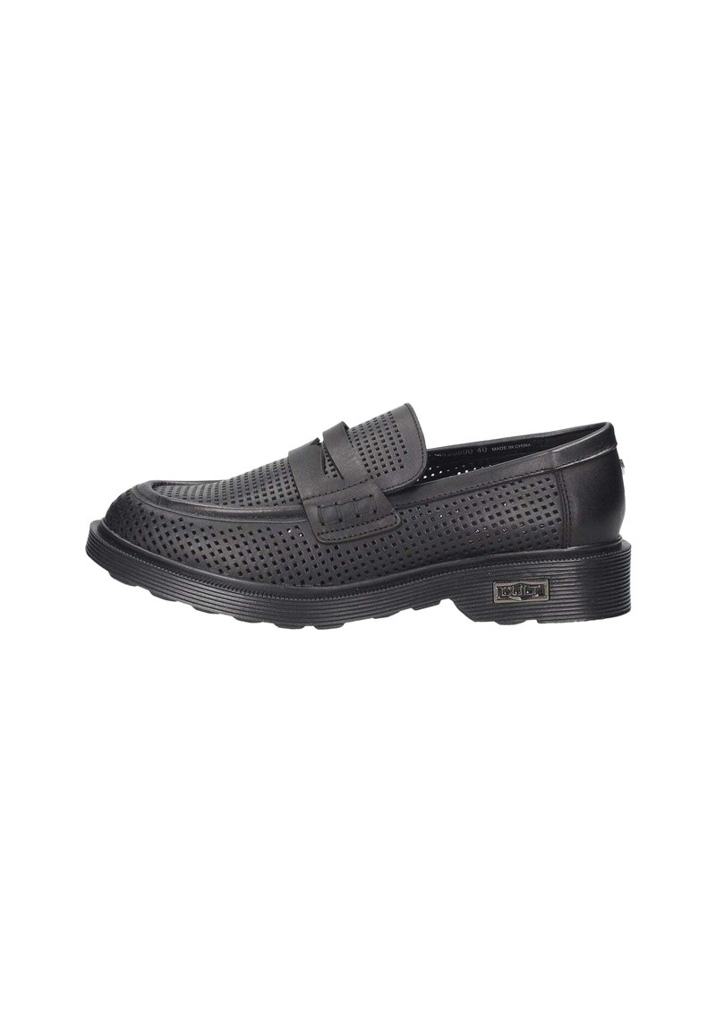 Czarne buty wsuwane z perforowaną cholewką, płaską gumową podeszwą i podwójnymi paskami. Gładka faktura i zoptymalizowany design. Odpowiednie do codziennego noszenia.