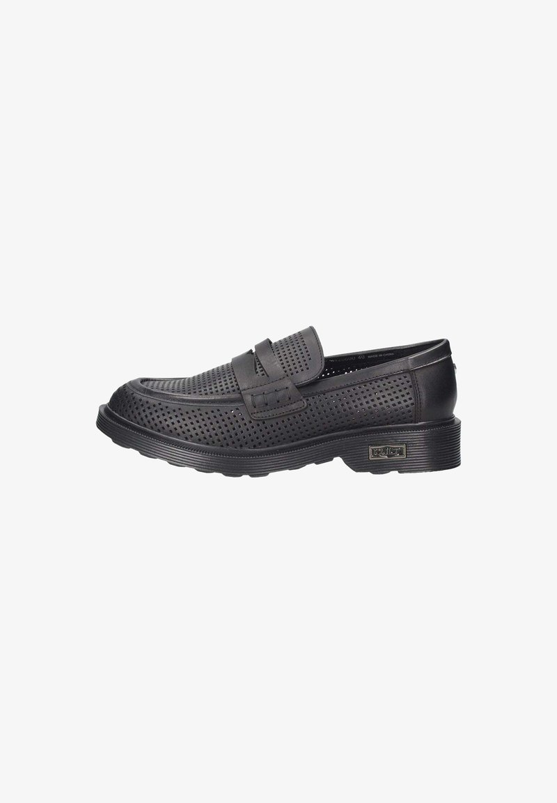 Czarne buty wsuwane z perforowaną cholewką, płaską gumową podeszwą i podwójnymi paskami. Gładka faktura i zoptymalizowany design. Odpowiednie do codziennego noszenia.