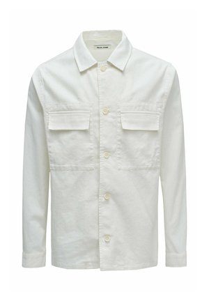 Camisa blanca de manga larga con cuello, cierre frontal de botones y dos bolsillos en el pecho con solapas, fabricada por Salsa Jeans.