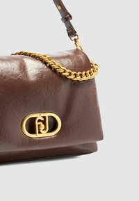 Bruine leren handtas met een glanzende gouden schouderband, met een kenmerkende gouden logo-sluiting aan de voorkant en een gestructureerd oppervlak.