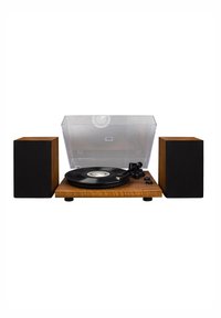 Plateau tournant avec une base en bois, une couvercle en plastique transparent, un disque vinyle noir, deux enceintes noires et des boutons de contrôle sur le côté.