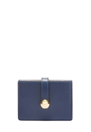 Navy blue leather cardholder with a snap closure, rectangular shape, and visible stitching details. Gold-tone hardware accent.