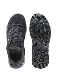 Scarpe da trekking nere con tomaia in suede e mesh, dotate di suola in gomma testurizzata, punta rinforzata e accenti grigi.