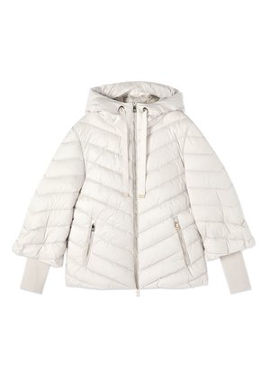 Kurtka puchowa w jasnoszarym kolorze, z kapturem, przednim zamkiem błyskawicznym, elastycznymi mankietami i wzorem przeszyć w jodełkę. Gładka, pikowana tekstura.