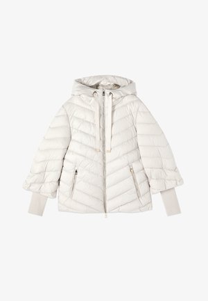 Vaaleanharmaa toppatakki, jossa on huppu, etuvetoketju, joustavat hihansuut ja siksak-kuvioinen tikkaus. Sileä, pehmustettu pinta.