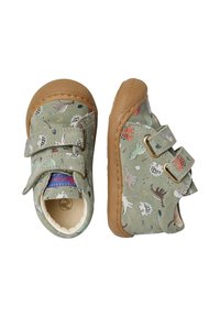 Zelené dětské boty s motivem dinosaura, s texturovaným svrškem, gumovou podrážkou a suchým zipem pro snadné zapínání.