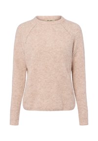 Lichtroze lange mouw sweater met een ronde hals, zachte textuur, relaxte pasvorm en subtiele details langs de raglan naden. Merktag zichtbaar.