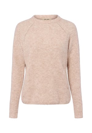 Lichtroze lange mouw sweater met een ronde hals, zachte textuur, relaxte pasvorm en subtiele details langs de raglan naden. Merktag zichtbaar.