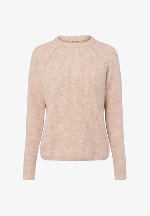 Pull long en rose clair à manches longues avec un col rond, texture douce, coupe décontractée et détails subtils le long des coutures raglan. Étiquette de la marque visible.