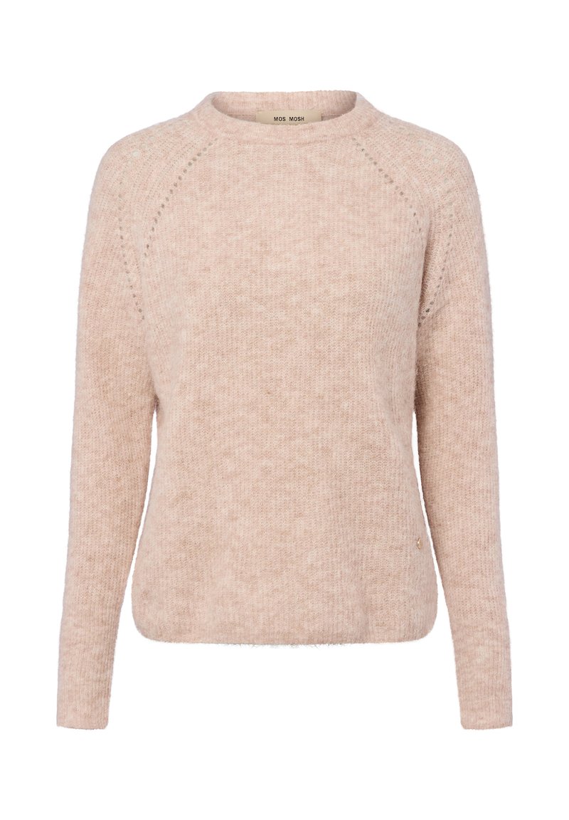 Lichtroze lange mouw sweater met een ronde hals, zachte textuur, relaxte pasvorm en subtiele details langs de raglan naden. Merktag zichtbaar.