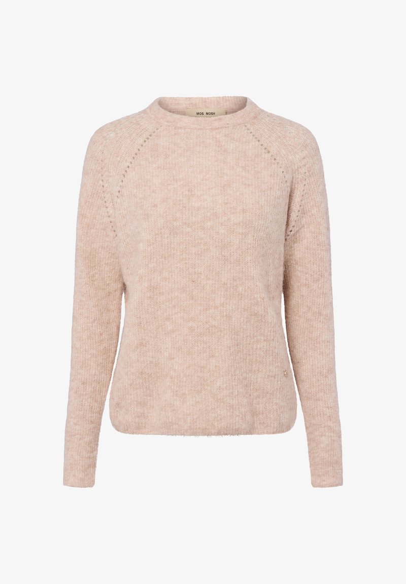Helles rosa Langarm-Sweatshirt mit rundem Ausschnitt, weichem Stoff, lockerer Passform und subtilen Details entlang der Raglannähte. Markenetikett sichtbar.