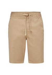 Shorts beiges en tissu lisse, dotés d'une taille élastique avec cordon de serrage, et d'une coupe droite. Pas de poches visibles.