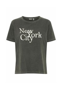 Dark gray cotton t-shirt with short sleeves and a round neckline; features "New York City" in bold, off-white typography across the front.