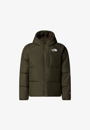 Olivgrüne Steppjacke mit Kapuze, Reißverschluss vorne und Brusttasche; zeichnet sich durch gesteppte Einsätze und das weiße "The North Face"-Logo aus.